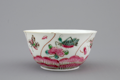 A Chinese porcelain famille rose cup and saucer with insects encircling a rose, Yongzheng-Qianlong, 18th C.