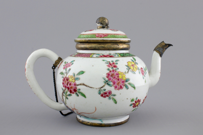 A Chinese silver-mounted famille rose porcelain teapot, Yongzheng-Qianlong, 18th C.