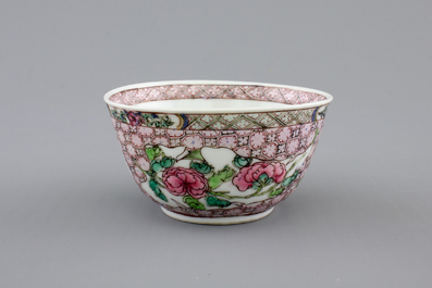 A Chinese famille rose porcelain cup and saucer with narcissus, chrysanthemum and peony, Yongzheng, 1722-1735