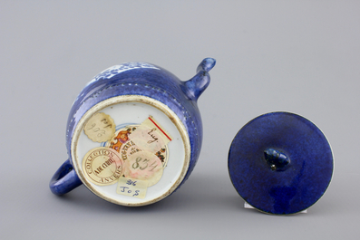 A Chinese porcelain powder blue teapot and cover, Kangxi, ca. 1700