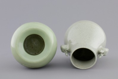 An underglaze decorated Chinese celadon brushwasher and a crackle glazed hu-shaped vase, 19/20th C.