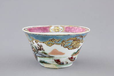 A Chinese famille rose and gilt cup and saucer with a harbour scene, Yongzheng, 1722-1735