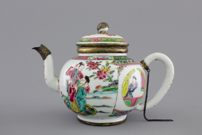 A Chinese silver-mounted famille rose porcelain teapot, Yongzheng-Qianlong, 18th C.