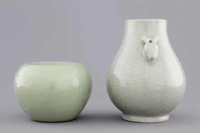 An underglaze decorated Chinese celadon brushwasher and a crackle glazed hu-shaped vase, 19/20th C.