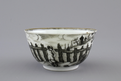 A Chinese grisaille porcelain European subject cup and saucer, Qianlong, 18th C.