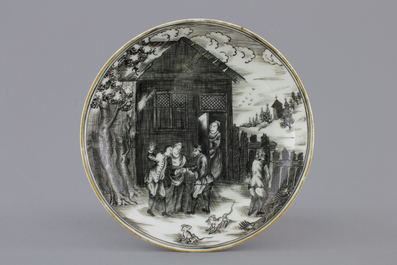 A Chinese grisaille porcelain European subject cup and saucer, Qianlong, 18th C.