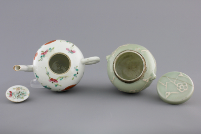 A Chinese sancai-glazed pottery figure, a famille rose teapot and a small ginger jar, 19th C.