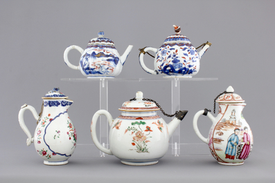 Three Chinese famille verte and Imari porcelain teapots and two export porcelain cream jugs, 18th C.