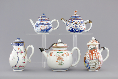 Three Chinese famille verte and Imari porcelain teapots and two export porcelain cream jugs, 18th C.