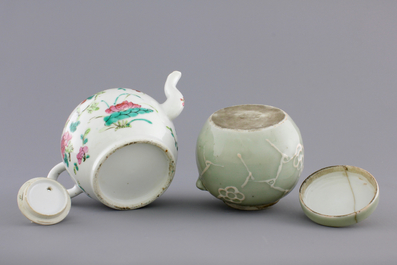 A Chinese sancai-glazed pottery figure, a famille rose teapot and a small ginger jar, 19th C.