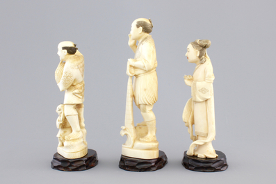 Three Japanese ivory carved okimono, Meiji, 19th C.