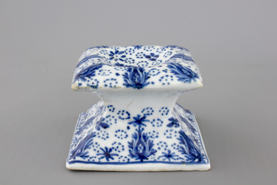 A rare Chinese blue and white square salt on foot, Kangxi, ca. 1700