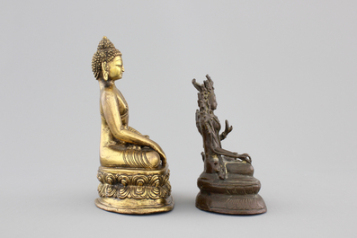A Chinese gilt bronze seated buddha and a bronze Tara, 18/19th C.