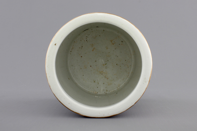 A signed Chinese Qianjiang porcelain brush pot with a landscape all over, early 20th C.
