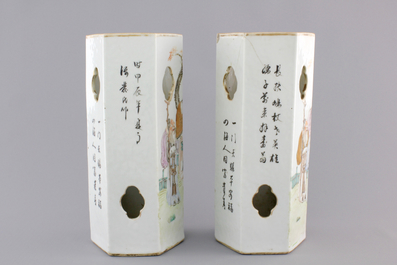 A pair of open-worked hexagonal Chinese Qianjian style hat stands, 19/20th C.