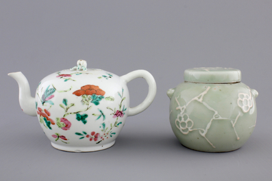 A Chinese sancai-glazed pottery figure, a famille rose teapot and a small ginger jar, 19th C.