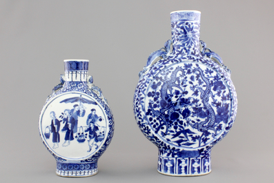 Two Chinese porcelain blue and white moon flasks, 19th C.