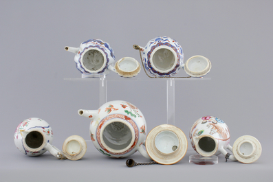 Three Chinese famille verte and Imari porcelain teapots and two export porcelain cream jugs, 18th C.
