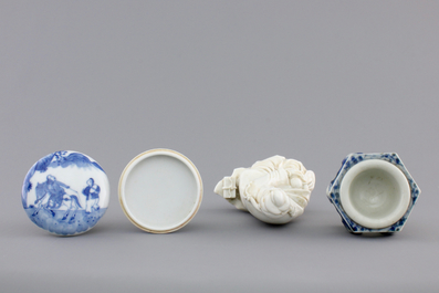 A Chinese porcelain seal wax box and cover, a Dehua blanc de Chine guanyin and a blue and white salt, 18/19th C.