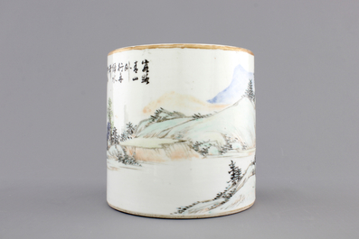 A signed Chinese Qianjiang porcelain brush pot with a landscape all over, early 20th C.