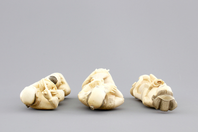 Three Japanese ivory carved okimono, Meiji, 19th C.