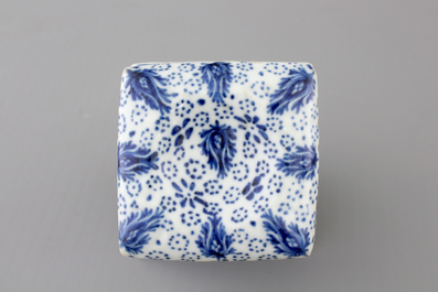 A rare Chinese blue and white square salt on foot, Kangxi, ca. 1700