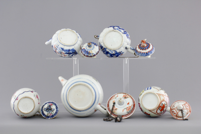 Three Chinese famille verte and Imari porcelain teapots and two export porcelain cream jugs, 18th C.
