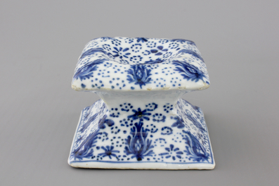 A rare Chinese blue and white square salt on foot, Kangxi, ca. 1700