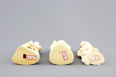 Three Japanese ivory carved okimono, Meiji, 19th C.