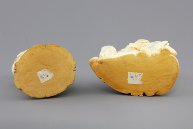 Three Chinese carved ivory figures on wooden stands, ca. 1900