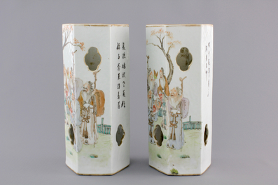 A pair of open-worked hexagonal Chinese Qianjian style hat stands, 19/20th C.