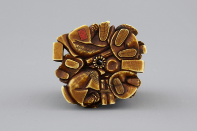 A Japanese patinated ivory netsuke: a dragon amongst sages, 19th C.