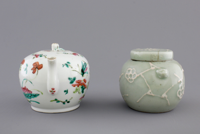 A Chinese sancai-glazed pottery figure, a famille rose teapot and a small ginger jar, 19th C.