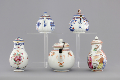 Three Chinese famille verte and Imari porcelain teapots and two export porcelain cream jugs, 18th C.