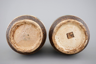 A tall pair of Chinese famille verte crackle glaze vases, Nanking, 19th C.