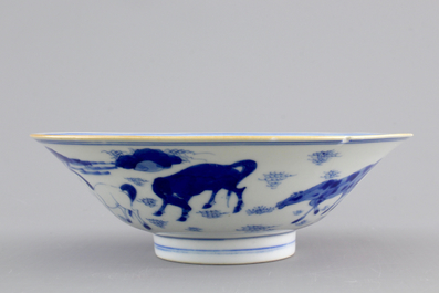 A Chinese blue and white conical bowl: "Horses of Mu Wang", Shunzhi/Kangxi, 17th C.