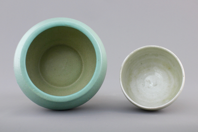 A Chinese turquoise ground brushwasher, 17/18th C. and a white glazed Ming Dynasty stem cup, 16/17th C.