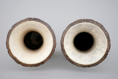 A tall pair of Chinese famille verte crackle glaze vases, Nanking, 19th C.
