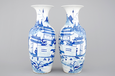 A tall pair of blue and white Chinese porcelain vases, 19th C.