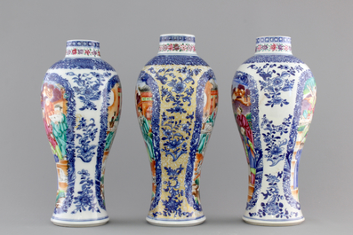 A garniture of three Chinese export porcelain Mandarin pattern vases, 18th C.