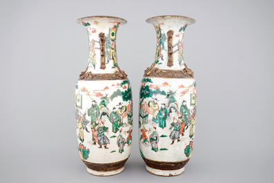 A tall pair of Chinese famille verte crackle glaze vases, Nanking, 19th C.