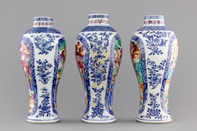 A garniture of three Chinese export porcelain Mandarin pattern vases, 18th C.