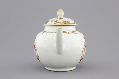 A Chinese porcelain famille rose and gilt armorial monogrammed teapot with a cup and saucer, 18th C.
