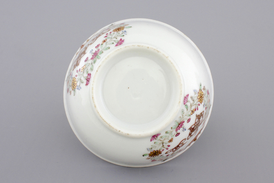 A Chinese porcelain famille rose and gilt armorial monogrammed teapot with a cup and saucer, 18th C.