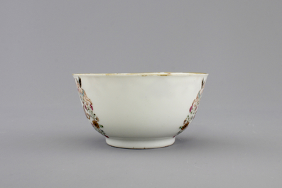 A Chinese porcelain famille rose and gilt armorial monogrammed teapot with a cup and saucer, 18th C.