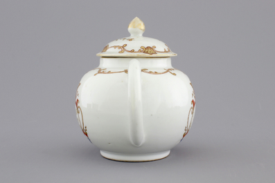 A Chinese porcelain famille rose and gilt armorial monogrammed teapot with a cup and saucer, 18th C.