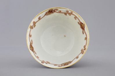 A Chinese porcelain famille rose and gilt armorial monogrammed teapot with a cup and saucer, 18th C.