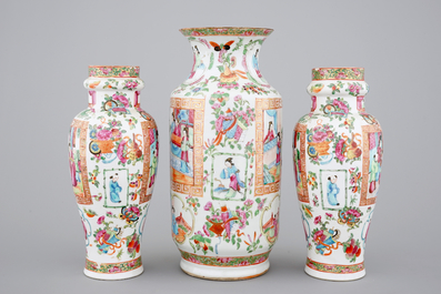 A set of three Chinese Canton rose medallion vases, ca. 1850
