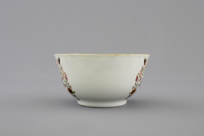 A Chinese porcelain famille rose and gilt armorial monogrammed teapot with a cup and saucer, 18th C.