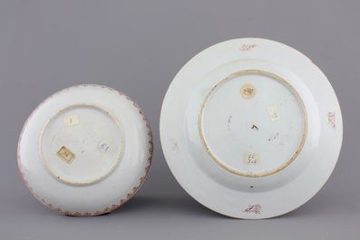 Two Chinese porcelain famille jaune plates, 18th C.